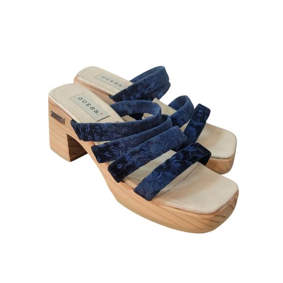 Vintage Y2K Guess Platform Velvet Strappy Wooden Block Heels Sz 6 Retro - Picture 1 of 13